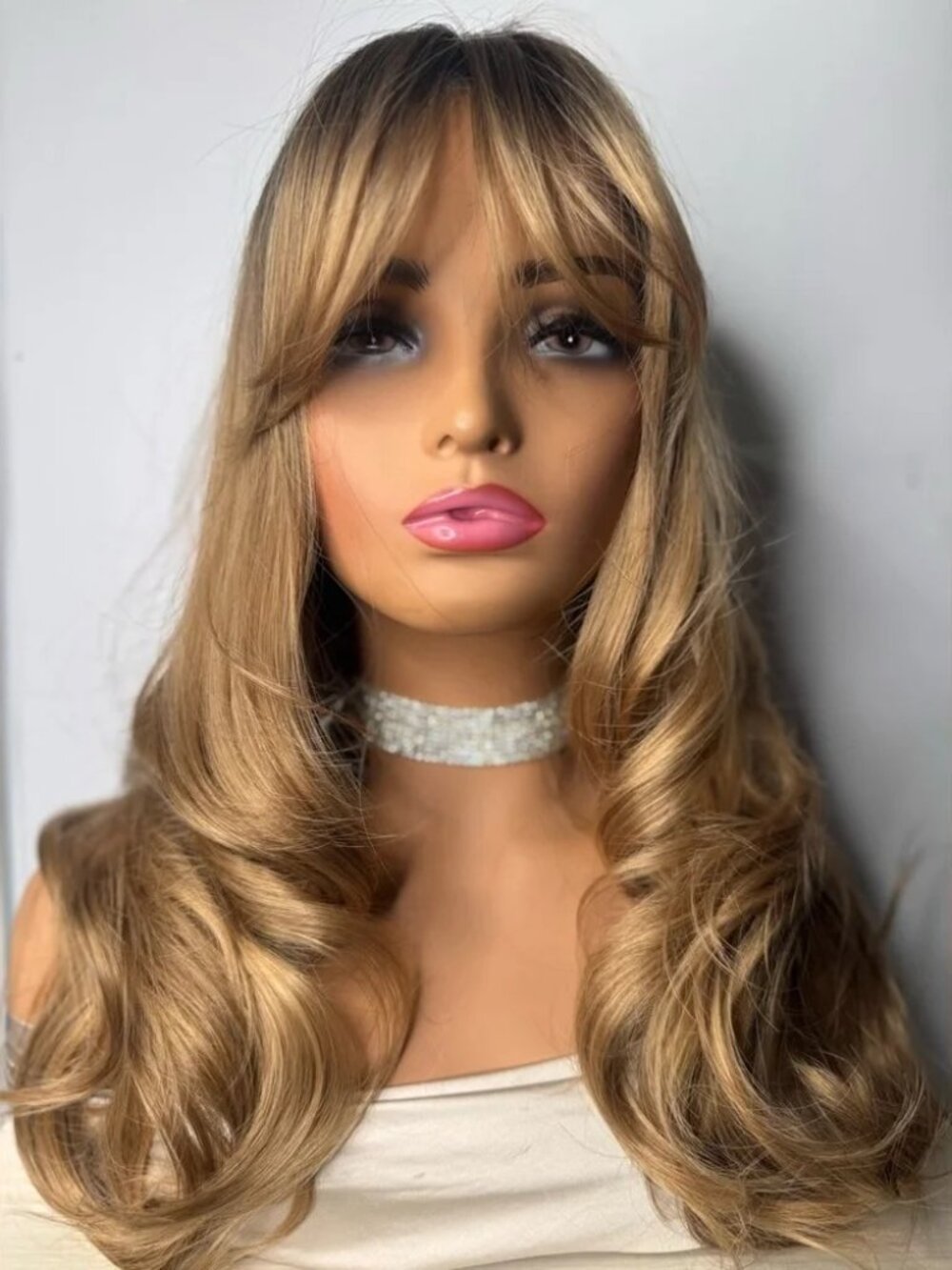 Wavy Synthetic Wig Honey Blonde Balayage with Curtain Bangs | Natural look